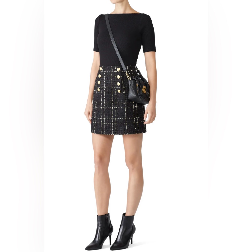 Slate & Willow Black And Gold Plaid Tweed Mini Skirt
